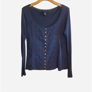 Lucky Brand Pima Cotton Embroidered Button Up Top Size M Y2K Preppy Bella Swan